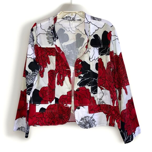 CHICO'S sz L / sz 2 Red White Black Khaki Floral Cotton Stretch Tunic Top Jacket - Picture 2 of 5